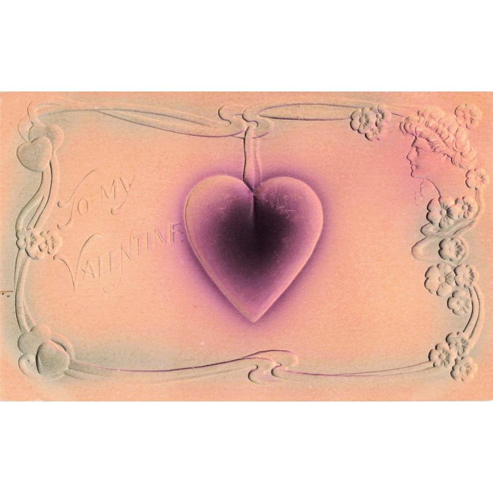 Valentine Postcard Embossed Purple Heart Art Nouveau Woman Profile Antique c1910